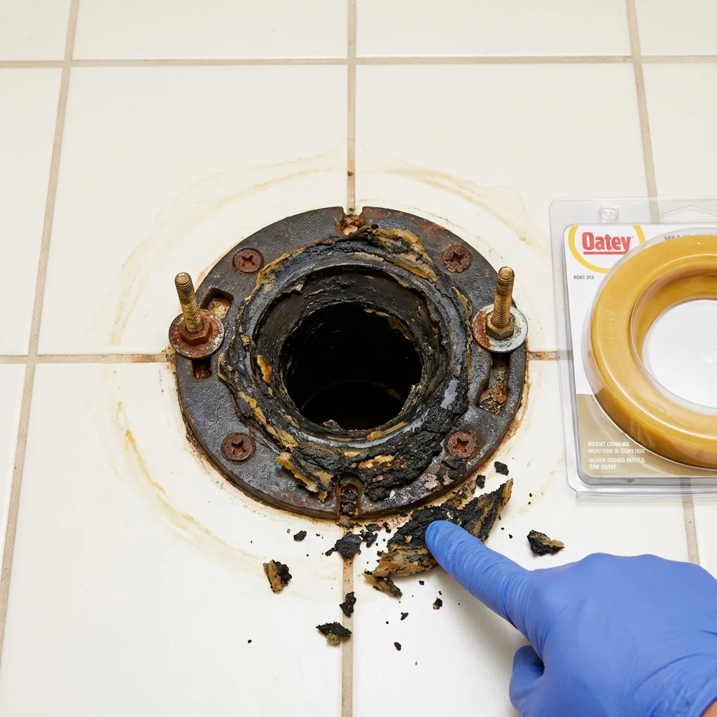 Failed wax ring showing water seepage at the base of a toilet in a Lake City, MN home