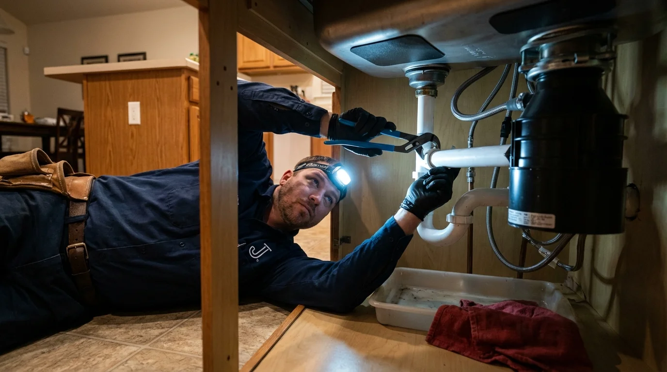 P-trap and supply line connections under a kitchen sink showing a common leak point in Lake City, MN